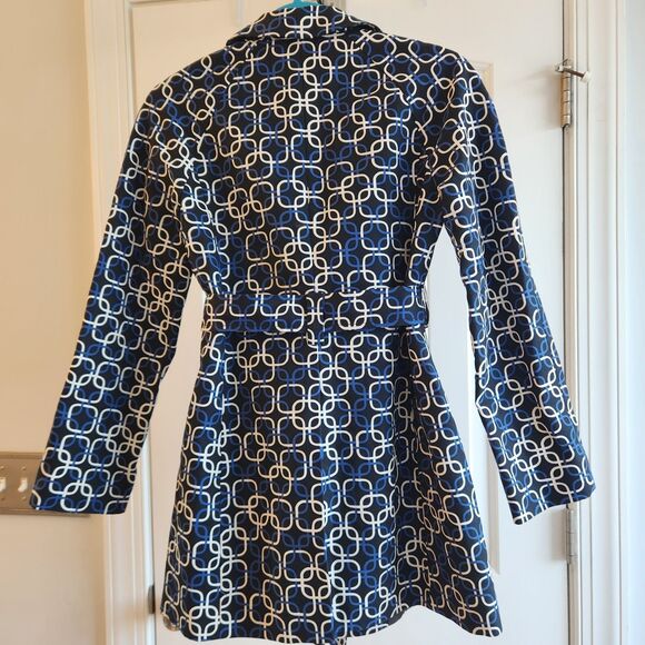 Ann Taylor Petite Trench Coat SP Black/Blue/White Geometric Pattern - Picture 2 of 6